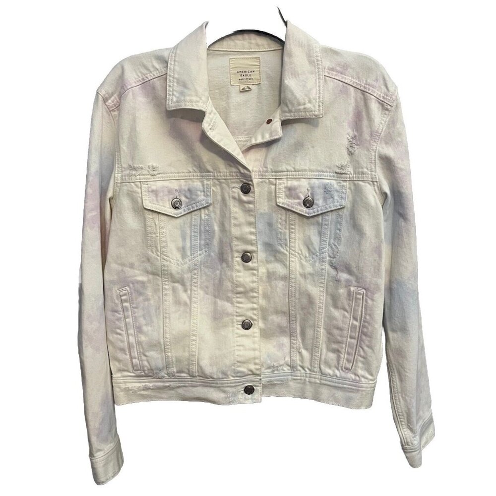 American Eagle White Jean Jacket Button Up Pockets Tie Dye Distressed Sz M